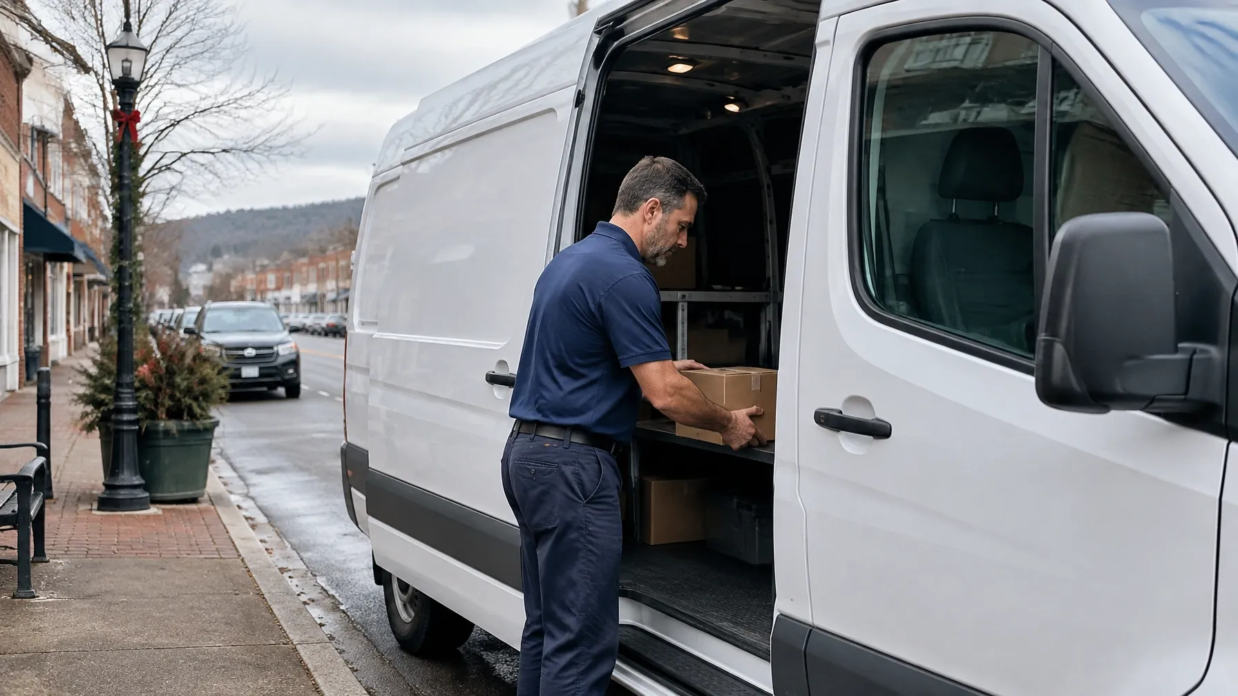 Vincent Miller Trucking delivery driver loading a package into a white cargo van on a Pennsylvania town street
